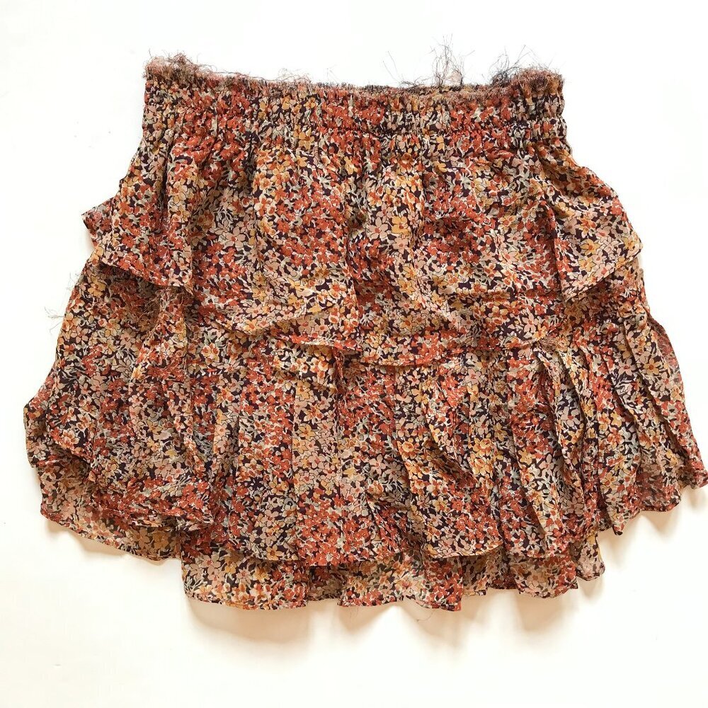 LoveShackFancy Ruffle Mini Skirt Womens XS Orange Black Smocked Waist Tiered